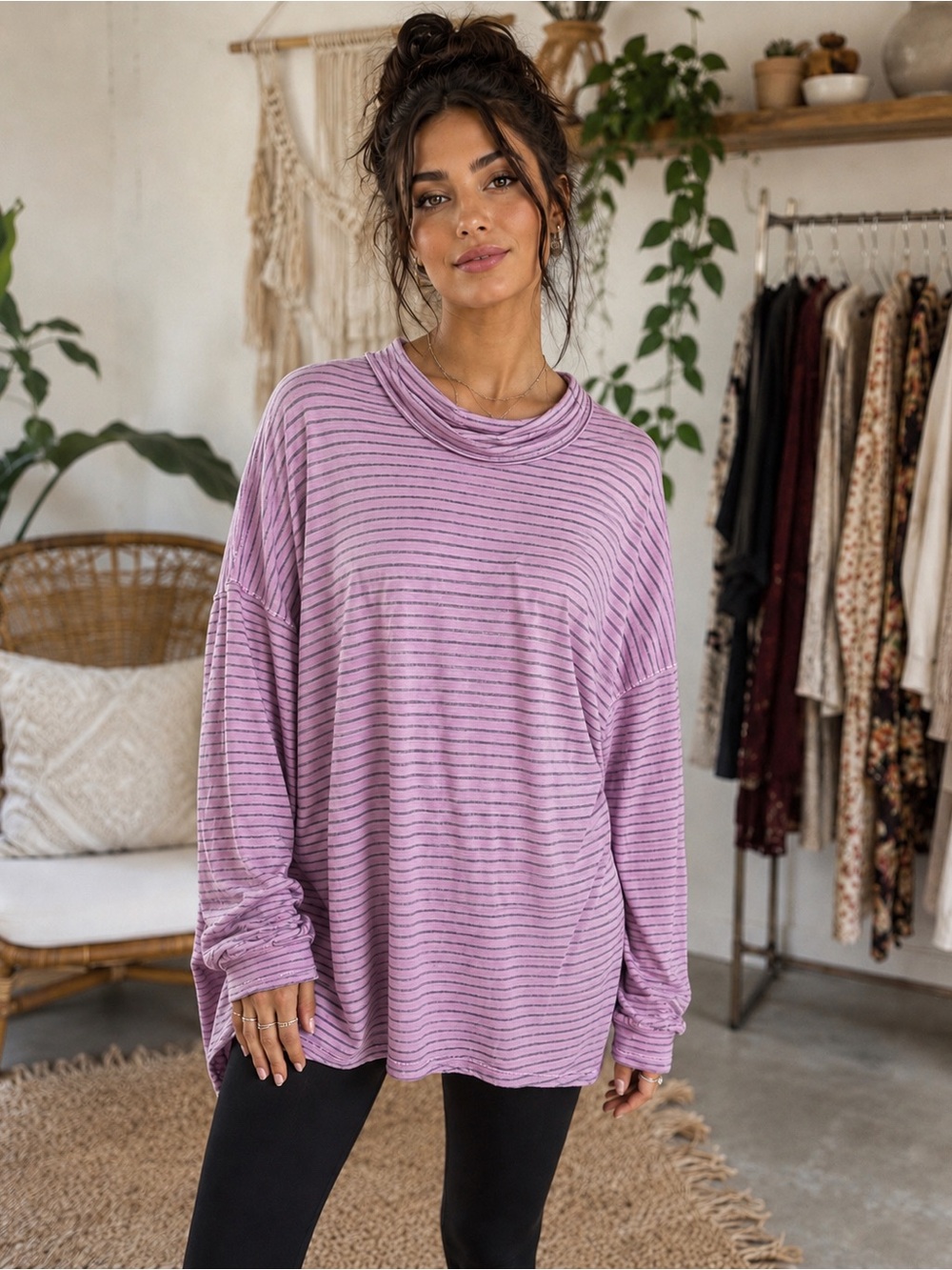 We The Free Lavender Striped Cowl-Neck Pullover
